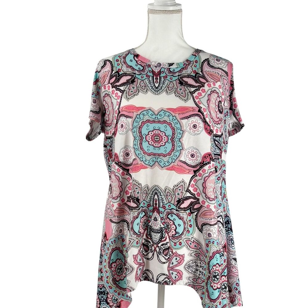 Womens Paisley Print Short-Sleeve Boho Tunic Top Vibrant Pink & Blue Design XL